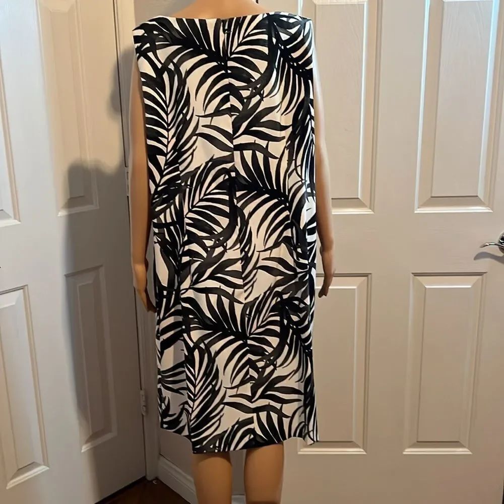 Dressbarn Monochrome Leaf Pattern Dress Sz 20W Boat Neck Sleeveless Taupe Black - Picture 6 of 11